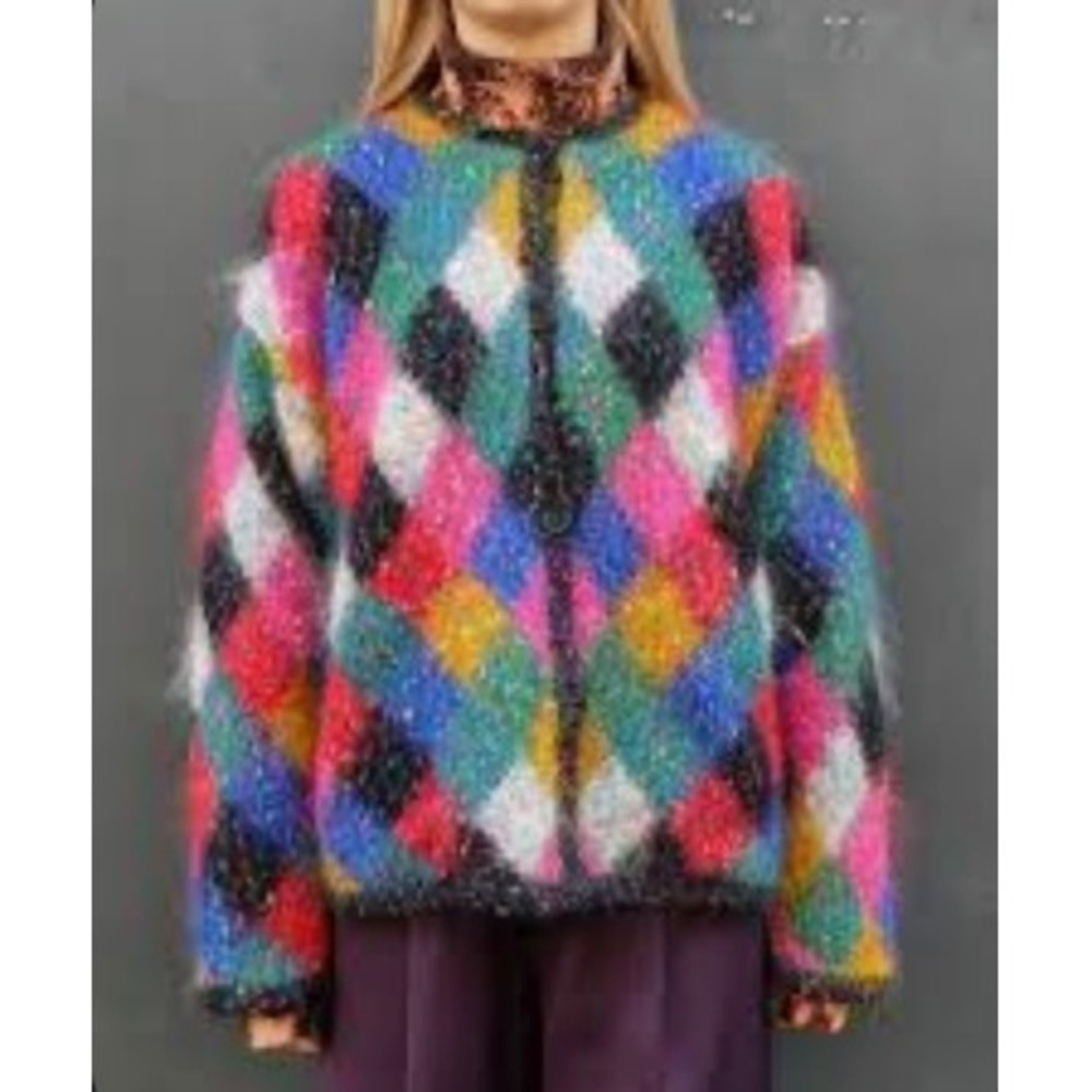 Jane's Closet VTG Mohair Blend Artsy Harlequin Button Front Grandma Cardigan M